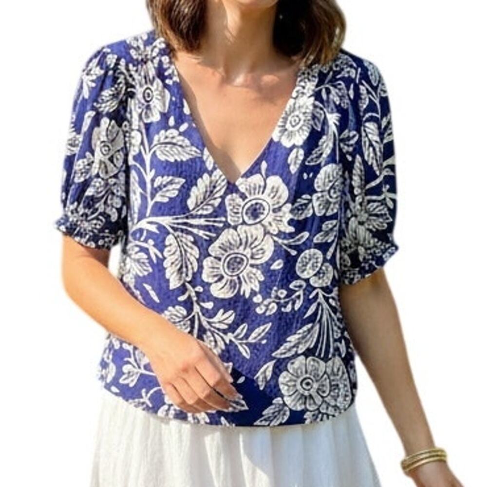 Rachel Zoe Floral Gauze Top Womens XL Blue White Puff Sleeve Crop V-Neck Blouse